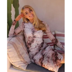 LIBERTÉ DAME KJOLE MESH LS LONG DRESS - BROWN GOLD MARBLE