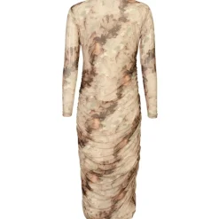 LIBERTÉ DAME KJOLE MESH LS LONG DRESS - BROWN GOLD MARBLE