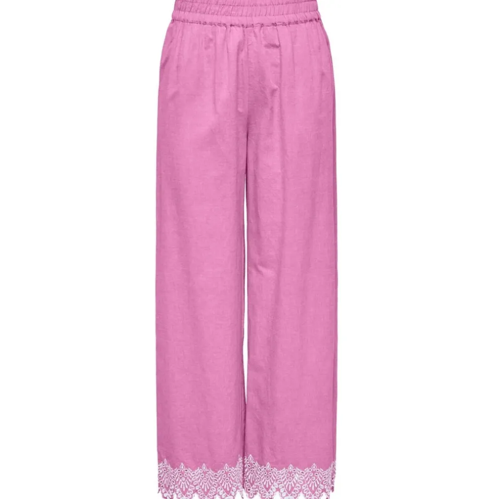 ONLY dame bukser ONLPAULA - Fuchsia Pink BRIGHT WHITE EMB.