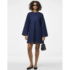 PIECES dame kjole PCOFELIA - Medium Blue Denim Black satin bow