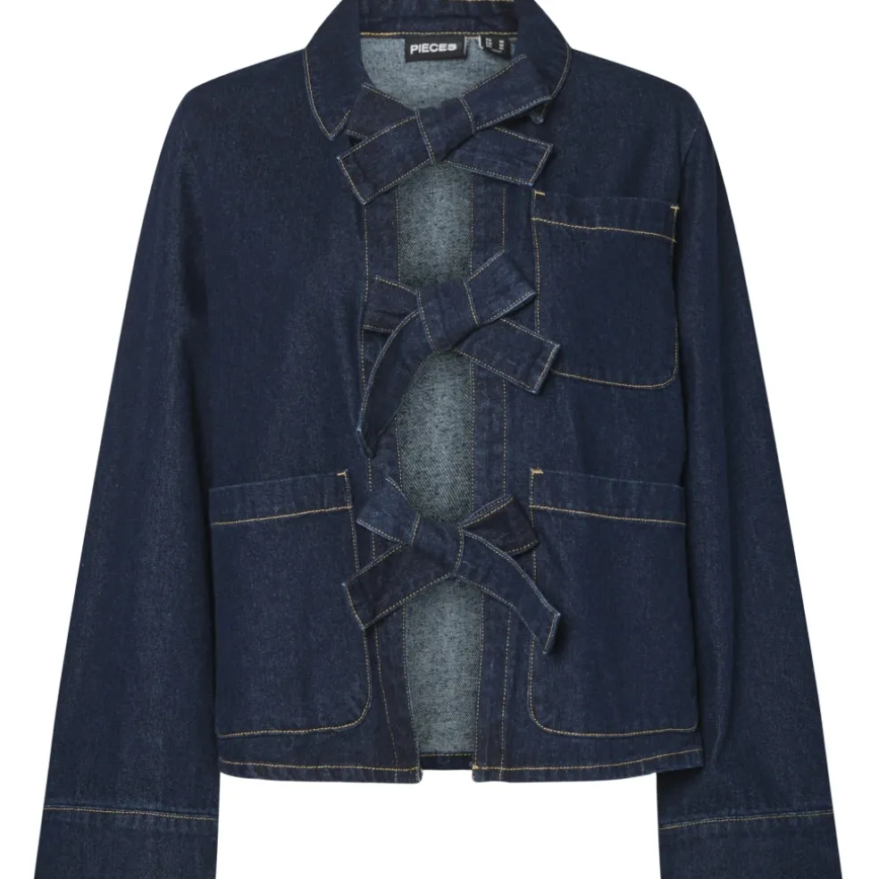 PIECES dame skjorte PCOFELIA - Medium Blue Denim Black satin bow