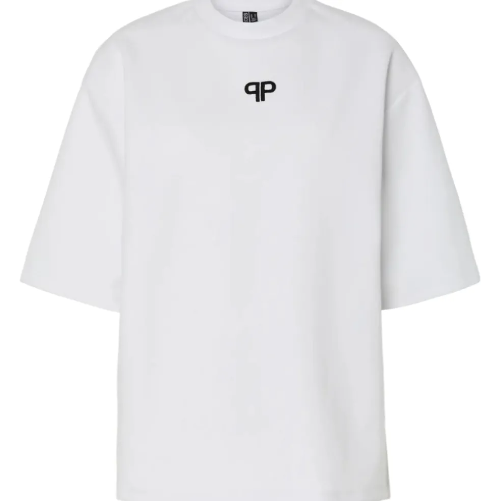 PIECES DAME T-SHIRT PCMUNA - Bright White Black Embroidery