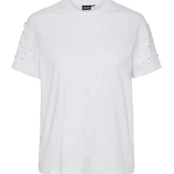 PIECES dame t-shirt PCRINE - Bright White PEARL ON SLEEVE