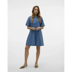 VERO MODA dame kjole VMOCEAN - Medium Blue Denim Stripes WHITE