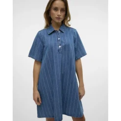 VERO MODA dame kjole VMOCEAN - Medium Blue Denim Stripes WHITE