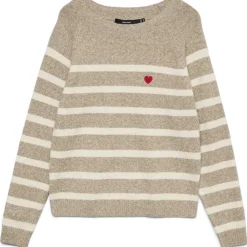VERO MODA Dame Pullover VMDoffy - Sepia Tint Birch Stripe And Ribbon Red Heart