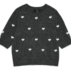 VERO MODA DAME STRIKTRØJE VMDOFFE - Dark Grey Melange White Hearts