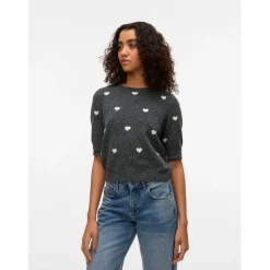 VERO MODA DAME STRIKTRØJE VMDOFFE - Dark Grey Melange White Hearts