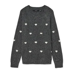 VERO MODA DAME STRIKTRØJE VMDOFFY - Dark Grey Melange White Hearts