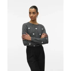 VERO MODA DAME STRIKTRØJE VMDOFFY - Dark Grey Melange White Hearts
