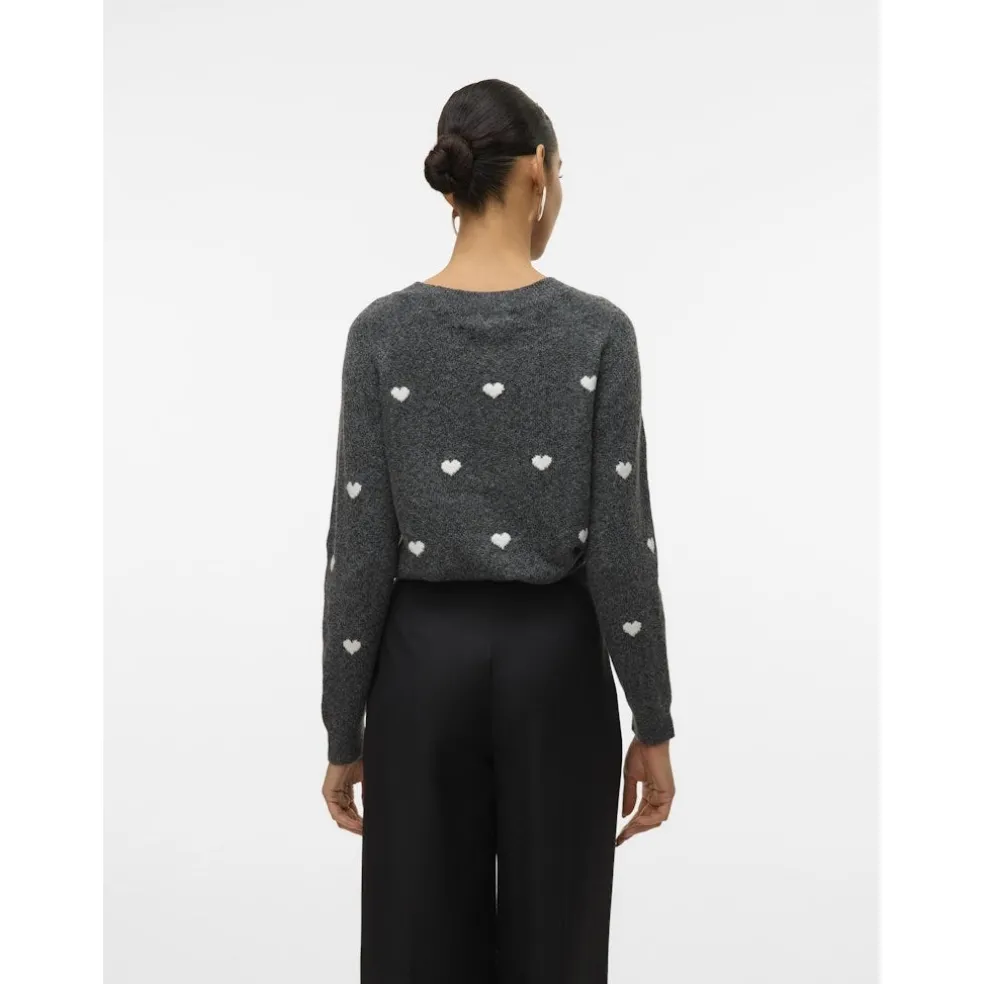 VERO MODA DAME STRIKTRØJE VMDOFFY - Dark Grey Melange White Hearts