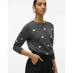 VERO MODA DAME STRIKTRØJE VMDOFFY - Dark Grey Melange White Hearts