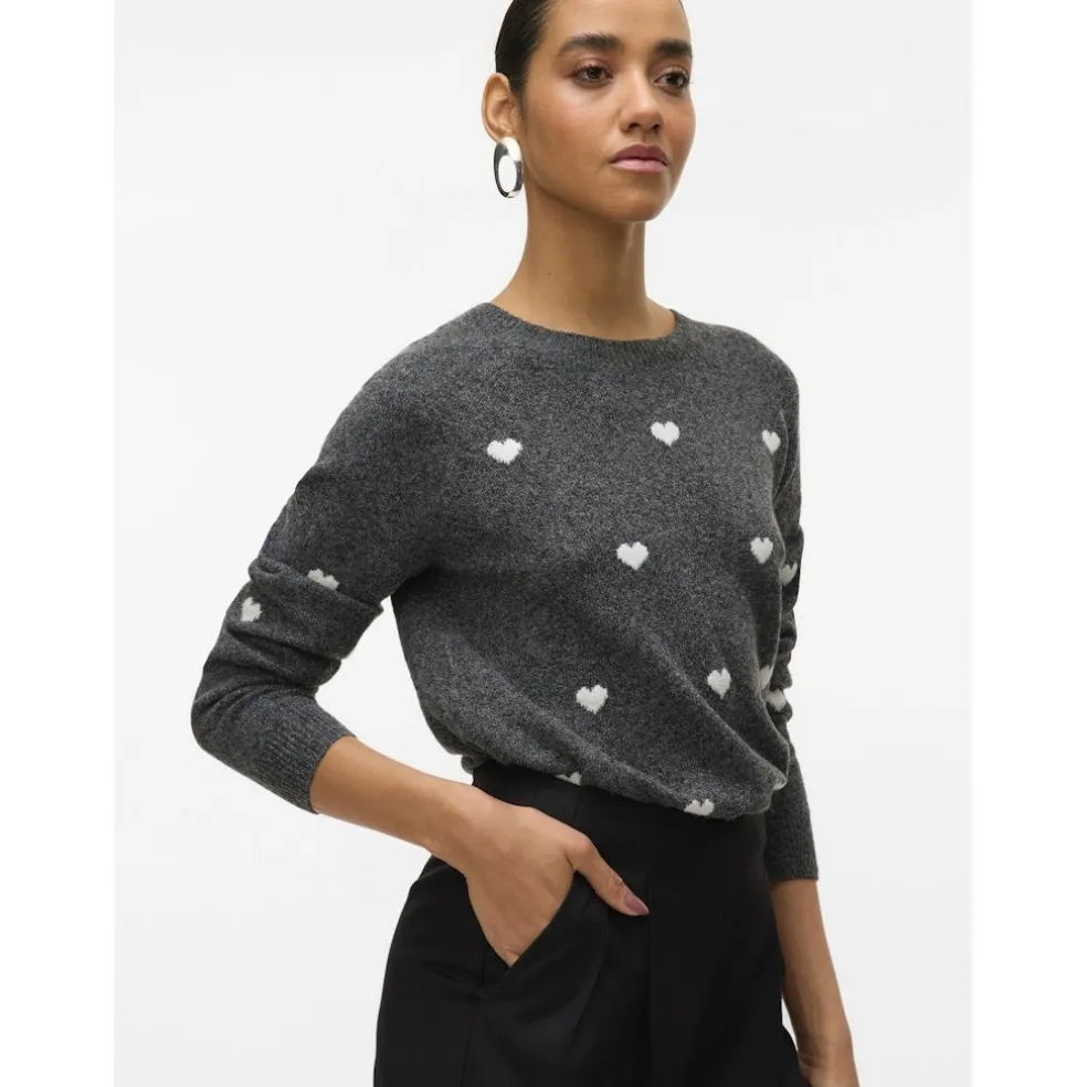VERO MODA DAME STRIKTRØJE VMDOFFY - Dark Grey Melange White Hearts