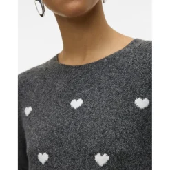 VERO MODA DAME STRIKTRØJE VMDOFFY - Dark Grey Melange White Hearts