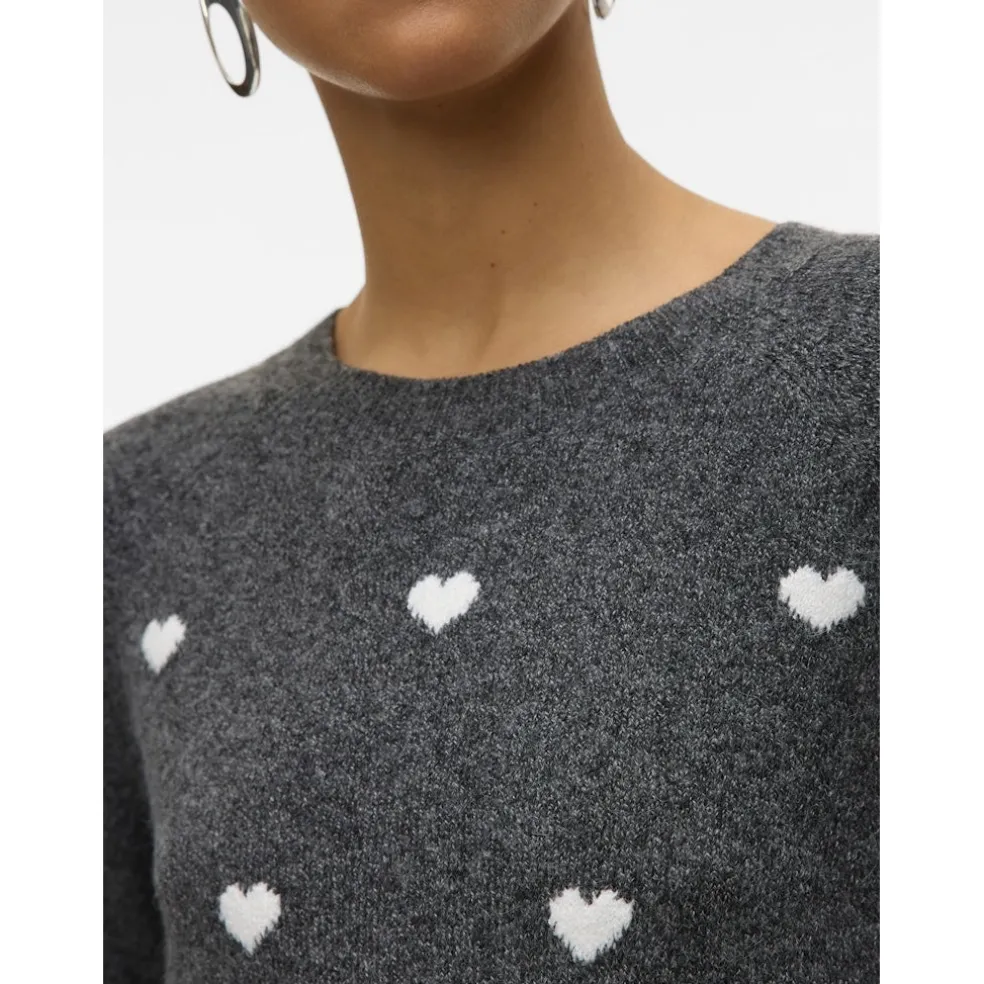 VERO MODA DAME STRIKTRØJE VMDOFFY - Dark Grey Melange White Hearts