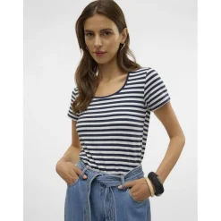 VERO MODA dame t-shirt VMLOTTE - Snow White Stripes NAVY BLAZER