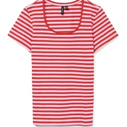 VERO MODA dame t-shirt VMLOTTE - Fiery Red Stripes BONBON