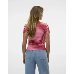 VERO MODA dame t-shirt VMLOTTE - Fiery Red Stripes BONBON