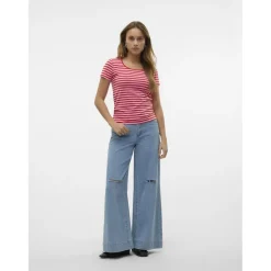 VERO MODA dame t-shirt VMLOTTE - Fiery Red Stripes BONBON