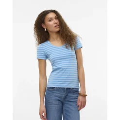 VERO MODA dame t-shirt VMLOTTE - Azure Blue Stripes AIRY BLUE